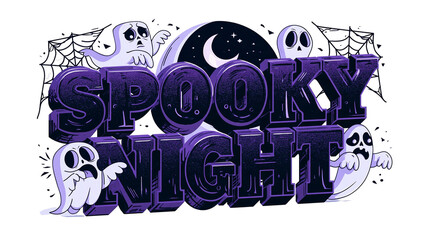 Spooky Night 3D purple typography with ghosts moon and spider webs © Elodie