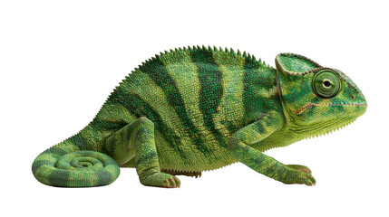 Green veiled chameleon with striped skin texture and curled tail © Elodie