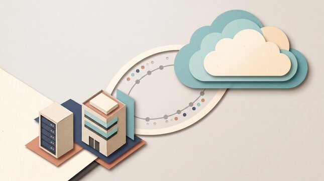 Cloud Computing Network: Abstract representation of data transfer and cloud storage with server stacks connected to a stylized cloud network and data points.