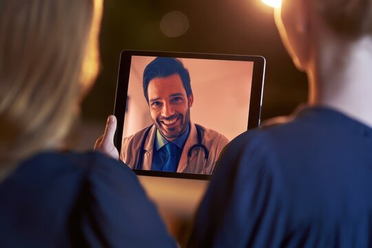 Woman holding tablet showing smiling doctor during telehealth