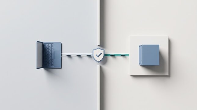Data Security Shield: A minimalist 3D illustration depicts a digital shield protecting data transfer between two abstract blocks, symbolizing secure information exchange.