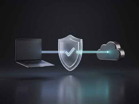 Cloud Security Network: A conceptual illustration depicting a laptop connected to a cloud through a shield icon, symbolizing data protection and secure online access.