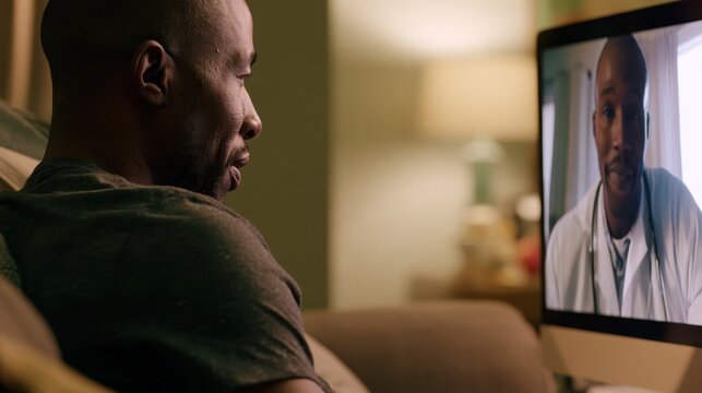Man watching video call on television in cozy living room with copy