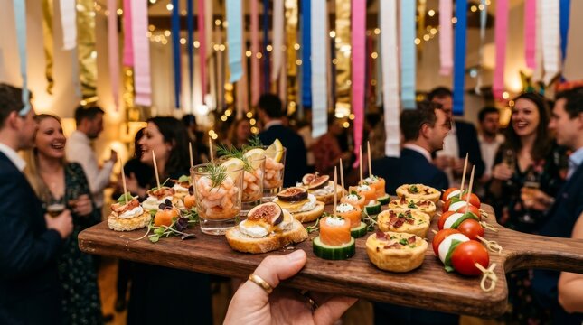 A person holds a wooden board filled with tasty appetizers at a party event.