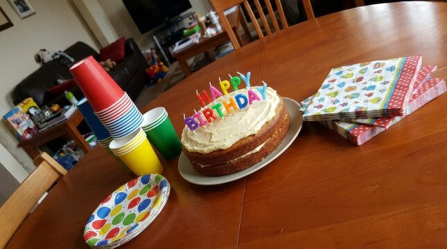 A delicious birthday cake with colorful candles sits on a wooden dining table ready.