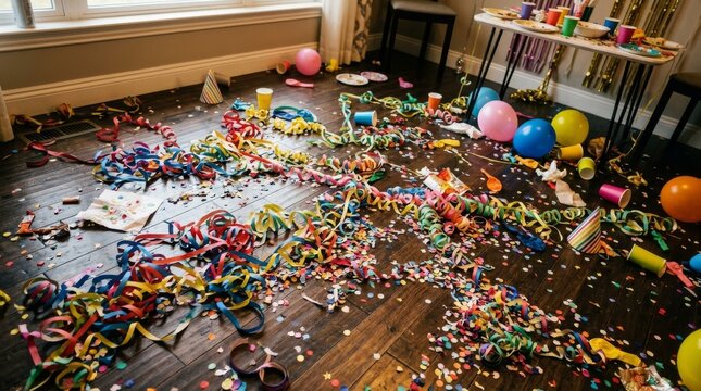 Messy party room with confetti and colorful streamers scattered across the wooden floor surface.