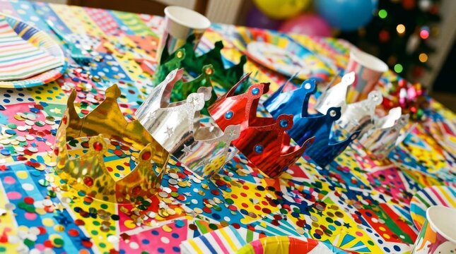Many colorful paper party crowns sit on a table decorated with bright confetti.
