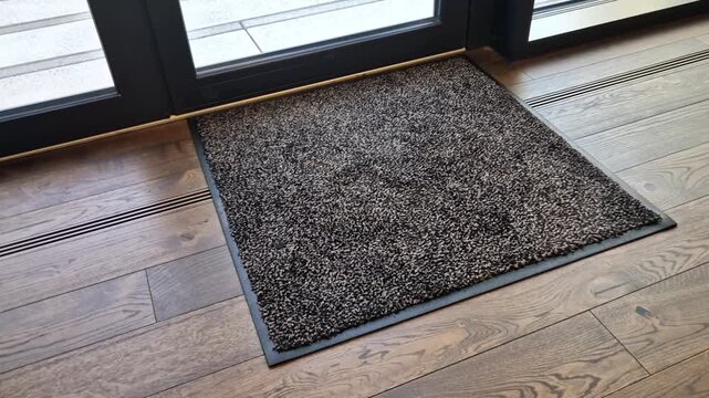 indoor textile dirt-trapper doormat with a rubber border, moisture right at entrance doormat is partially placed on long metallic grille trench heater grille covering in-floor embedded unit heaters ar
