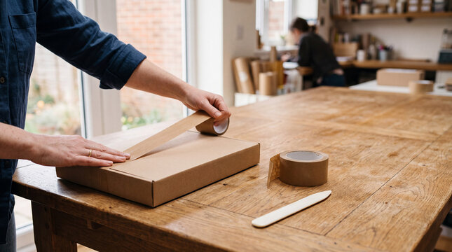 Quiet packing station, kraft envelope and packing tape, holiday ecommerce