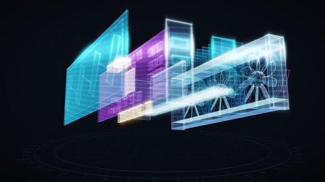 Wireframe graphics card hologram exploding into internal components and schematics