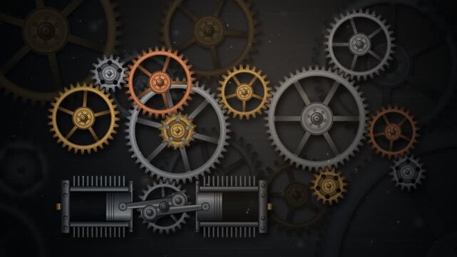 Industrial Mechanical Gears and Pistons Working Together Seamless Loop