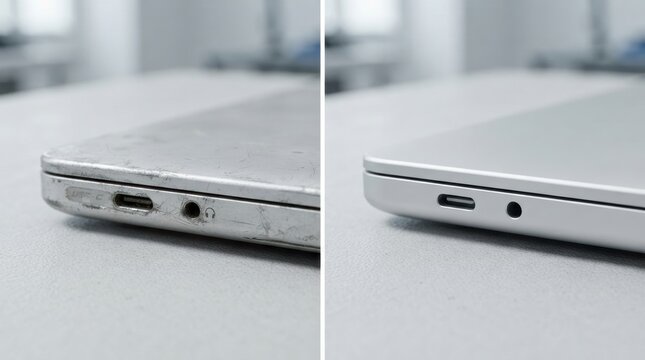 refurbished electronics before after Side-by-side comparison of old and new laptop edges showing wear and condition.
