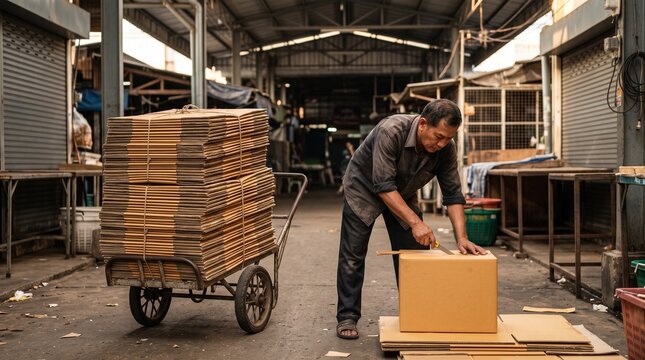Market Worker Flattening Cardboard Produce Boxes onto a Cart