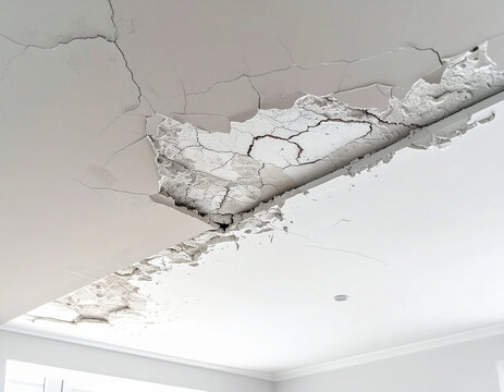 A damaged ceiling with peeling plaster and deep cracks evokes feelings of neglect and decay. This image of home destruction, with no people, symbolizes structural failure and renovation needs.