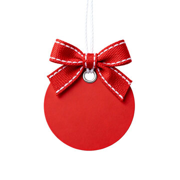 [Transparent Background PNG]Red Round Gift Tag with Decorative Ribbon and White String