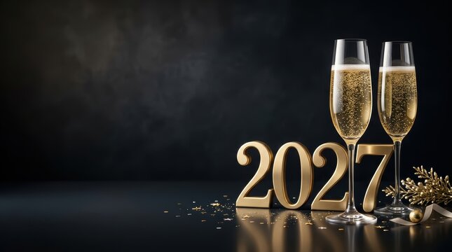 Two glasses of sparkling champagne with golden 2027 numbers on a dark background for new year celebration