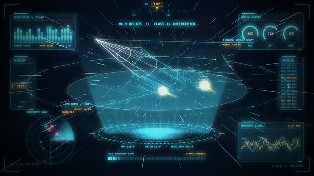 Futuristic spaceship cockpit HUD hologram interface with tactical interceptor scanner