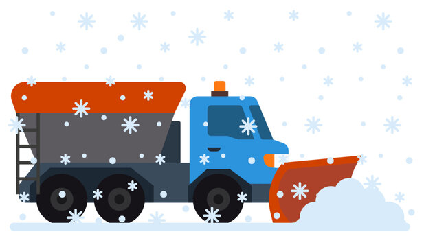A simple, vivid illustration of a snowplow with a snow blade clearing snow from a road.