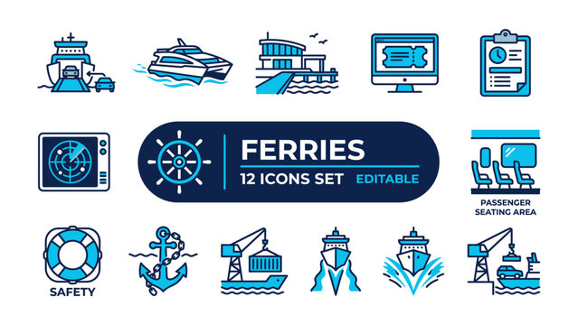 Ferry Icons Set: A collection of graphic icons representing various aspects of ferry travel, including passenger ferries, terminals, tickets, safety equipment, and navigation tools.