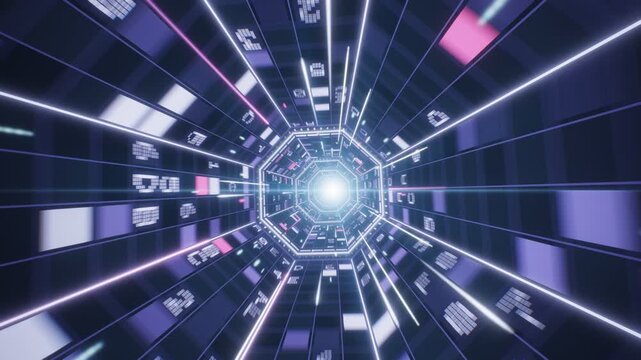 Futuristic Digital Tunnel with Octagonal Neon Rings and Binary Code in 4K