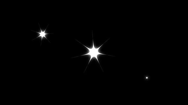 White star blinking animation, sparkling  twinkle effect, 4K flat vector cartoon doodle, retro shining light trails, festive overlay on black screen & transparent background..