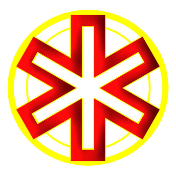 Red geometric six pointed star emblem inside yellow circular ring on transparent background. PNG stock graphic element for logo, badge, medical cross, game icon, and modern design.