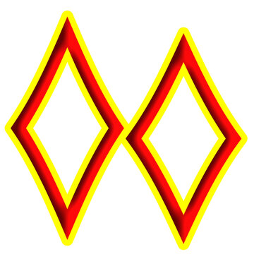 Red geometric double diamond rhombus symbol with yellow outline on transparent background. PNG stock graphic element for logo, badge, rank icon, and modern design.