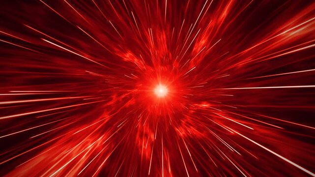 Red Hyperspace Warp Speed Tunnel With Glowing Light Streaks And Particles
