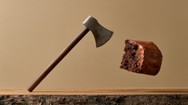 Playful Yule log slice and floating axe, Christmas dessert photo