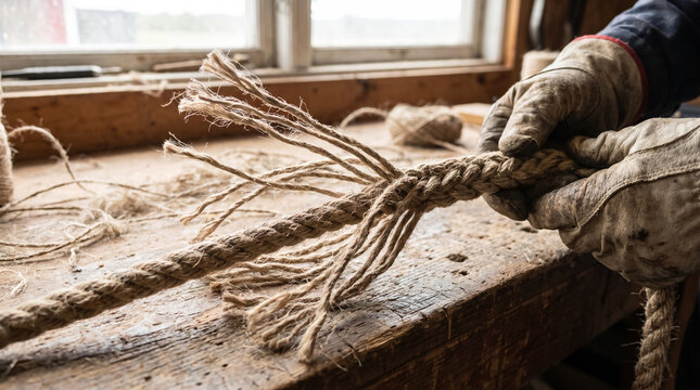 Hands in protective gloves splicing thick hemp rope on wooden workshop workbench. Concept of craftsmanship, craft, artisan, twine, cord.
