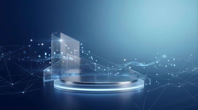 Sleek round podium platform with clear glass backwall and glowing blue mesh network background.
