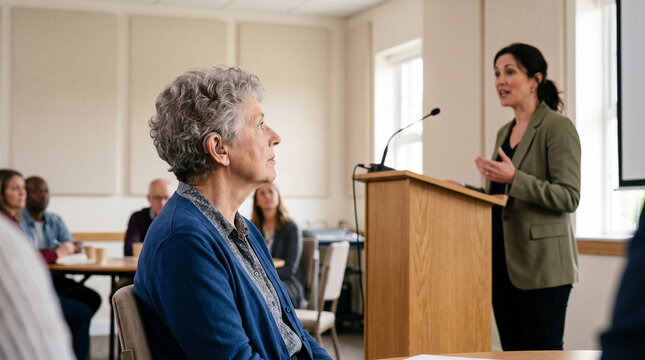 Senior woman with hearing aid listening attentively to speaker at seminar presentation. Concept of hearing loss, public speaker, lecture, conference, audience. Copy space.
