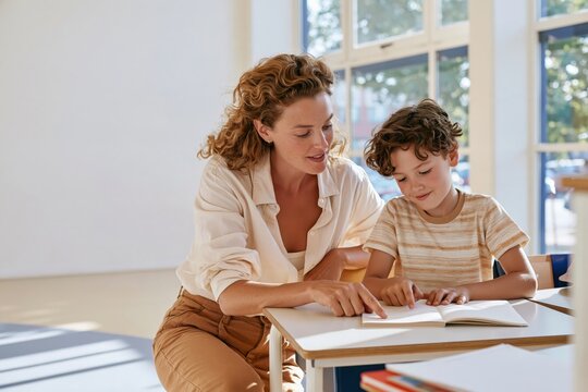 Teacher kneeling beside young student at desk in bright classroom, pointing to open book during reading lesson