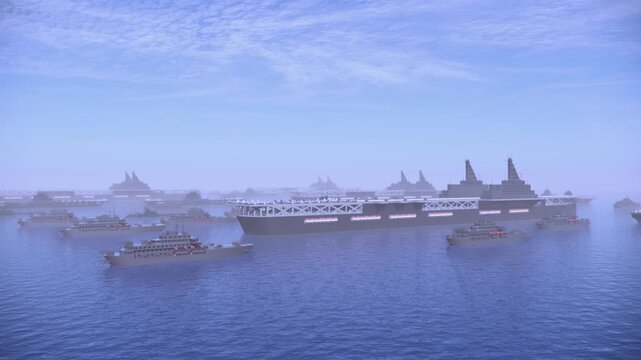 Realistic 3D Rendering Animation of a Large Naval Fleet with Multiple Military Warships and Aircraft Carriers Cruising Together Across the Open Ocean Waters Under a Foggy Sky