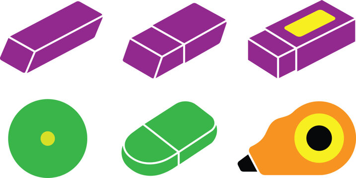 Colorful school erasers and correction tape dispenser flat vector set