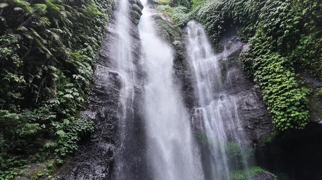 Cascading water falls over dark mossy cliffs at Sekumpul waterfall in Bali, lush tropical vegetation, pristine rainforest environment, serene nature escape, exotic travel destination, majestic