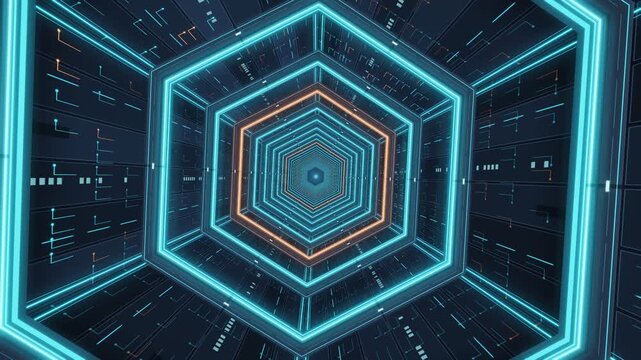 Futuristic Hexagonal Tech Tunnel with Glowing Blue and Orange Circuit Lines
