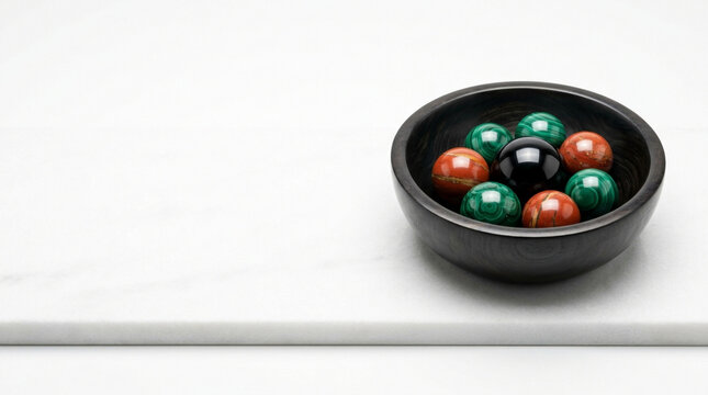Black ebony unity bowl with red jasper and green malachite spheres on white dolomite stone, Kwanzaa holiday Nguzo Saba heritage symbol banner with vast copy space