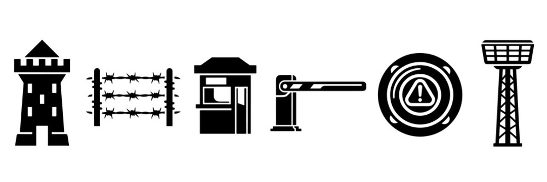 Perimeter security icons set with tower barbed wire gate barrier alert