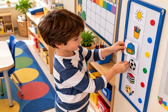 Child Following Visual Classroom Routine Board