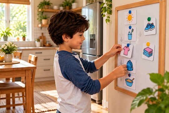 Child Following Visual Routine Board at Home