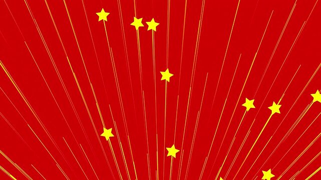 Yellow shooting stars rise in a fan shape against a red background.