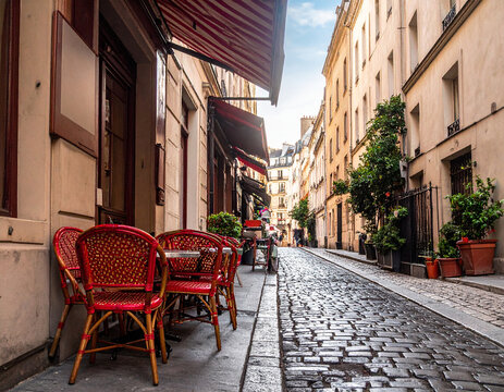 A charming, empty Parisian street with traditional red cafe chairs on a wet cobblestone alley. Nobody is present, evoking a romantic, nostalgic atmosphere perfect for travel or lifestyle themes.
