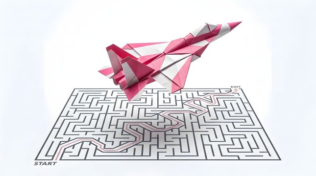 Pink and white origami jet fighter plane soaring high above a complex labyrinth maze with a marked solution path, symbolizing creative problem solving, strategic vision, and business innovation.