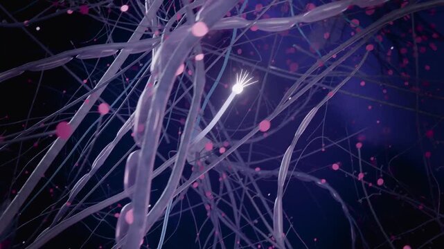 Zooming camera brain entering neuron network in dark void, with pink particles and synaptic sparks