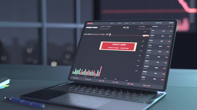 Opening laptop, screen loading trade view at night with notebooks market alert showing after drop