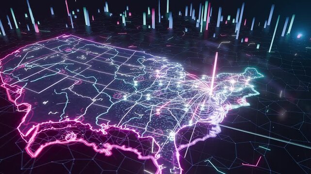 Appearing NE node sending laser column and radial beams, connecting nodes across holographic US map