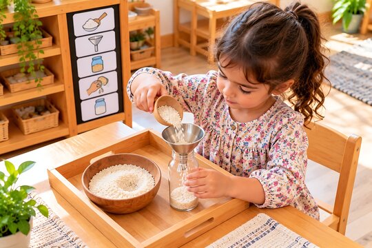 Child Pouring Grain During Practical Life Learning Activity