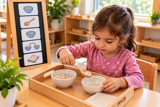 Child Practicing Scooping Grains During Practical Life Activity