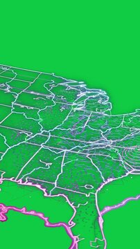 Vertical video: Neon map forming from sparks and ribbons, showing US network links on transparent